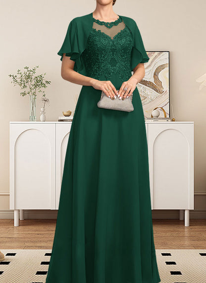 A-Linie, U-Ausschnitt, Illusion, bodenlanges Spitzen-Chiffon-Kleid für die Brautmutter mit Pailletten