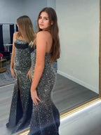 Chic Black Ruched Rhinestone Long Prom Dress With Spaghetti Straps