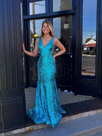 Turquoise Sequin Mermaid Prom Dress With Plunging Neckline