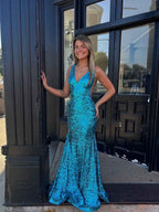 Turquoise Sequin Mermaid Prom Dress With Plunging Neckline