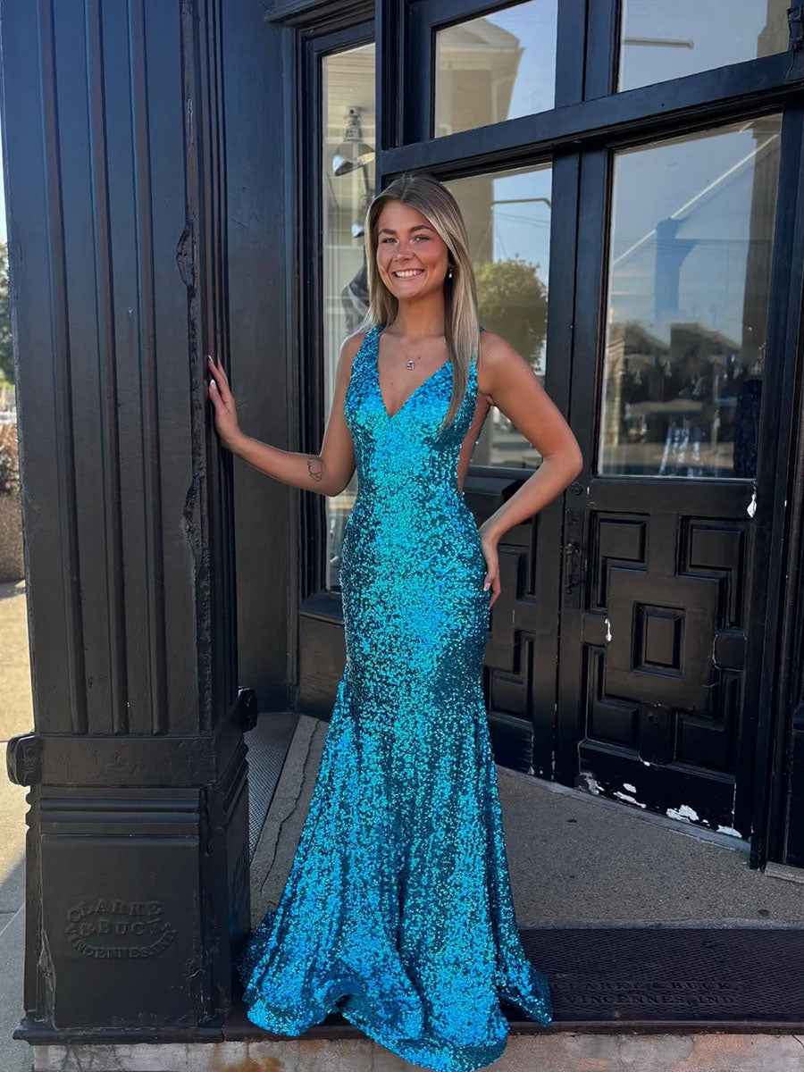 Turquoise Sequin Mermaid Prom Dress With Plunging Neckline