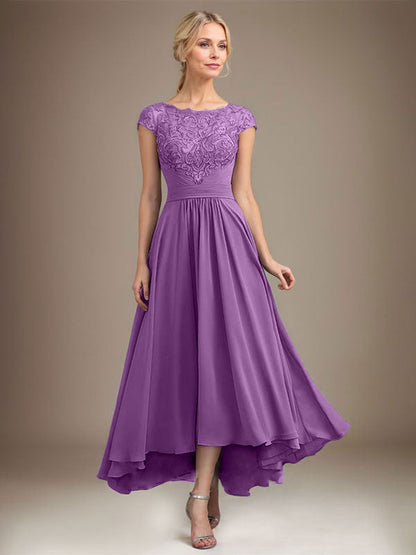 A-Linie U-Ausschnitt Illusion Asymmetrische Spitze Chiffon Mutter der Braut Kleid Mit Plissee 