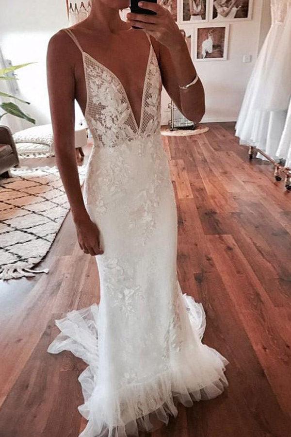 Deep V-Neck Mermaid Ivory Backless Lace Wedding Dress