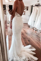 Deep V-Neck Mermaid Ivory Backless Lace Wedding Dress