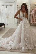 Deep V Neck Lace Wedding Dresses Romantic Bridal Gown With Train
