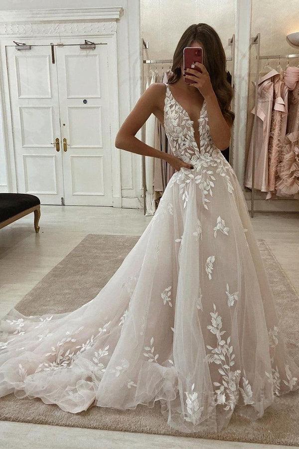 Tiefer V-Ausschnitt Spitze Brautkleider Romantisches Brautkleid mit Schleppe