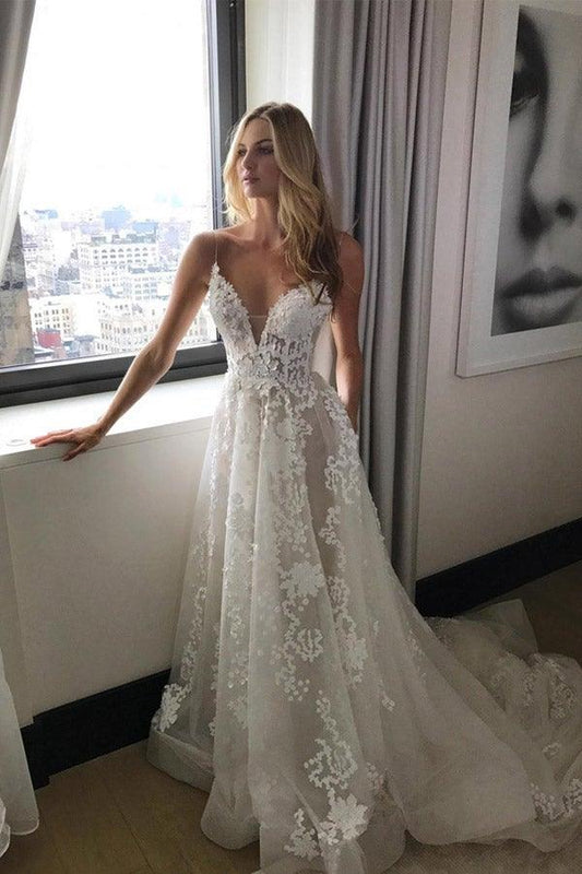Deep V Neck Spaghetti Straps Beach Wedding Dress Bridal Gown