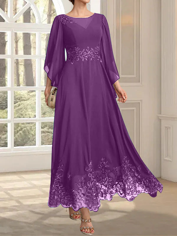 A-Linie, U-Ausschnitt, Illusion, knöchellang, Spitzen-Chiffon, Kleid für die Brautmutter mit Pailletten 