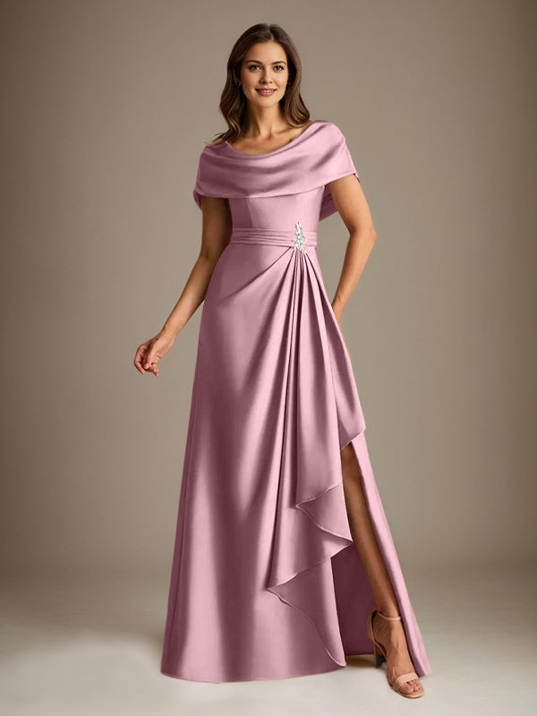 Robe de mère de la mariée en satin extensible, longueur au sol, coupe en A avec encolure dégagée et volants en cascade