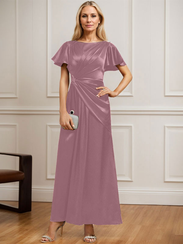 Robe de mère de la mariée en satin extensible, longueur cheville, en ligne A, décolleté arrondi, ornée de perles plissées