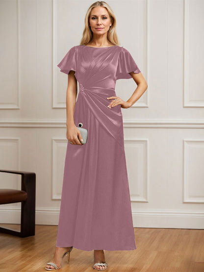 Vestido de madre de la novia de satén elástico con escote redondo y largo hasta los tobillos, con plisado y cuentas 