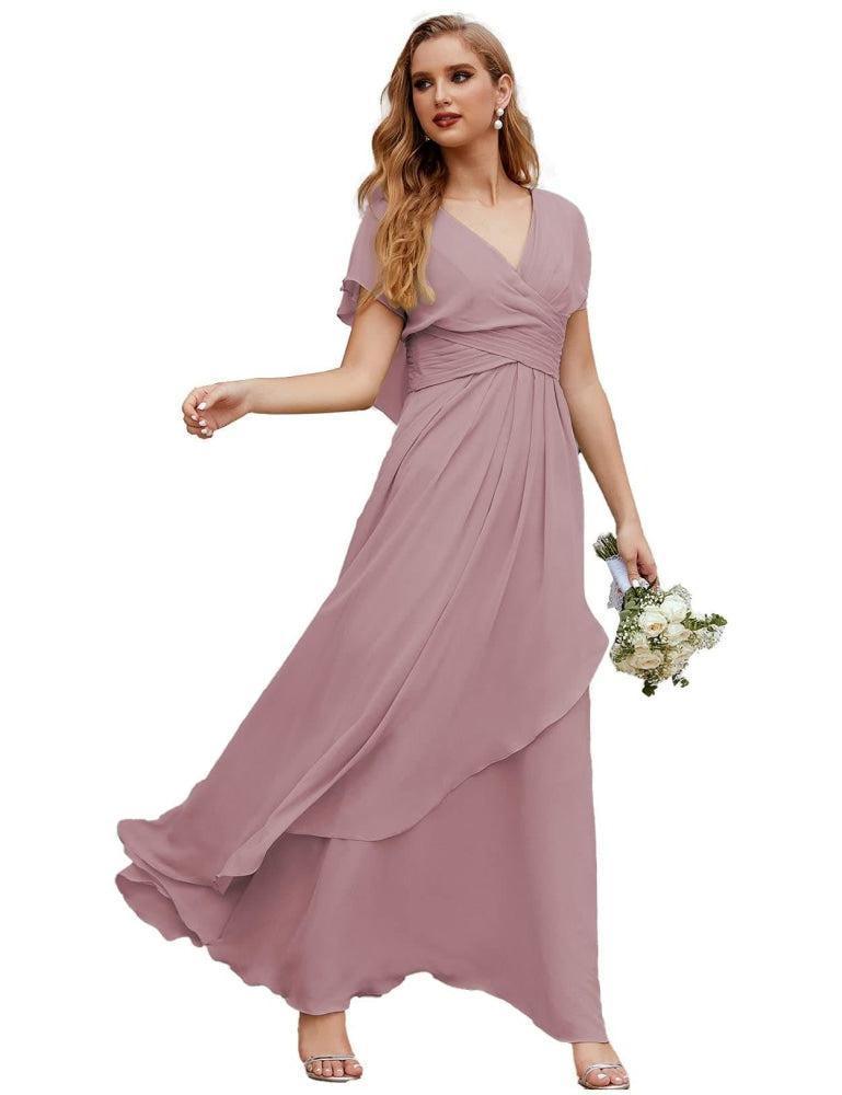 Vestidos de Madrinha em Chiffon Longos para Ocasiões Formais e Baile de Finalistas Vestido para a Mãe da Noiva com Mangas Esvoaçantes     SEA28040