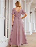Vestido de Dama de Honra Longo de Chiffon com Decote em V e Cintura Envolvente para Convidados de Casamento  SEA28049