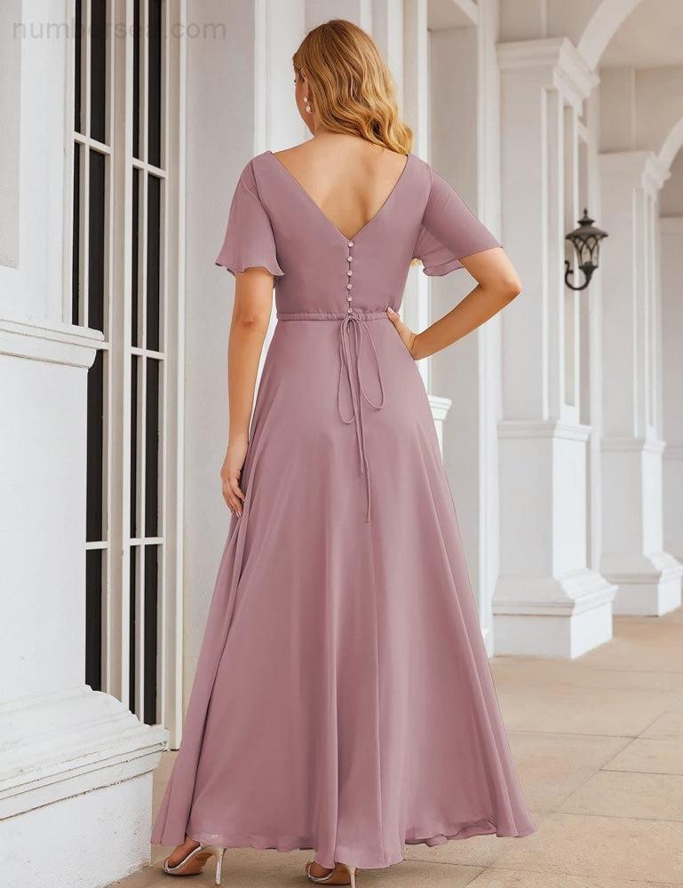 Vestido de Dama de Honra Longo de Chiffon com Decote em V e Cintura Envolvente para Convidados de Casamento  SEA28049