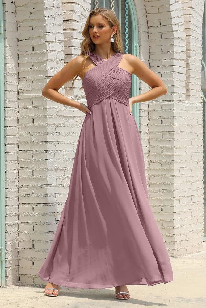 Vestido de Dama de Honra Halter em Chiffon para Mulher, Modelo A-Line, Longo, Formal, para Baile de Finalistas SEA28015