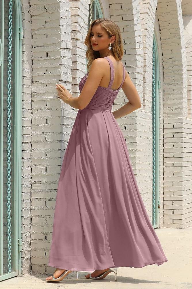 Vestido de Dama de Honra Halter em Chiffon para Mulher, Modelo A-Line, Longo, Formal, para Baile de Finalistas SEA28015