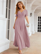 Vestido de Dama de Honra Longo de Chiffon com Decote em V e Cintura Envolvente para Convidados de Casamento  SEA28049