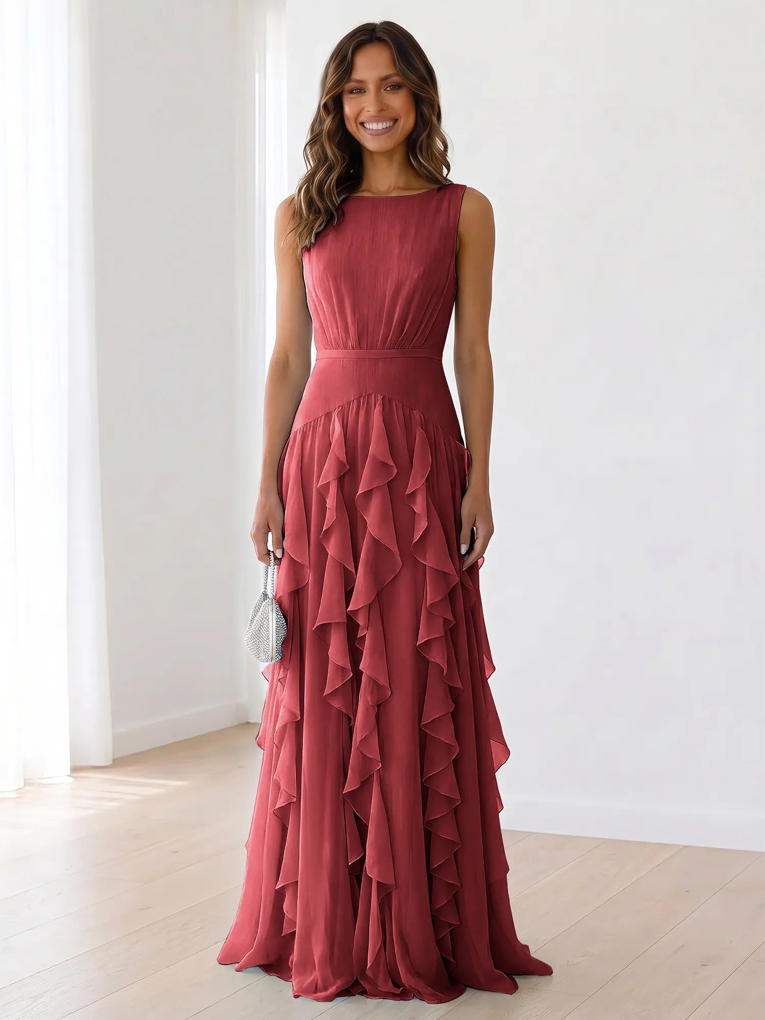 Sky Blue Tiered Chiffon Evening Maxi Dress With Ruched Bodice