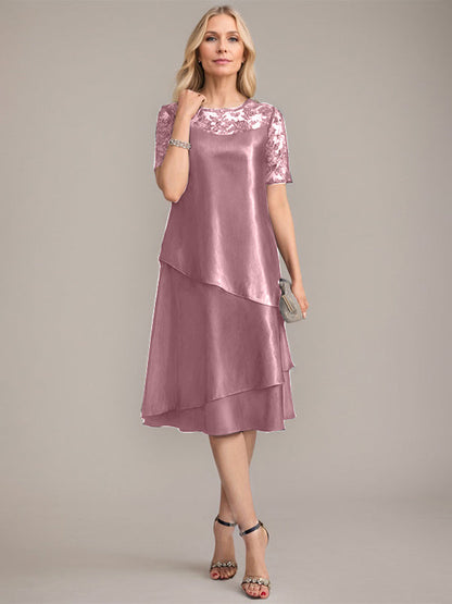 A-Linie, U-Ausschnitt, knielanges Kleid für die Brautmutter mit Applikationen und Pailletten 