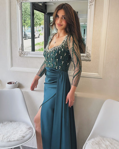 Designer Column Scoop Long Sleeve Rhinestone Satin Tulle Split Prom Dresses