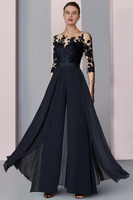 Ensemble pantalon festif long en mousseline de soie avec manches en dentelle, robe de mère de la mariée avec traîne amovible