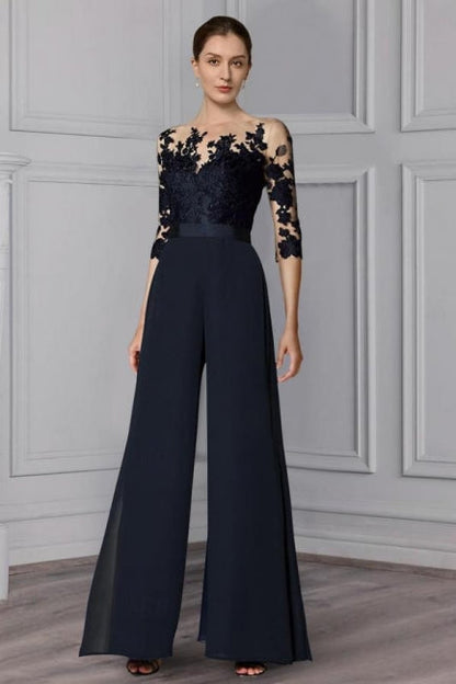 Trajes de pantalón festivos de gasa larga de diseñador, mangas de encaje, vestidos de madre de la novia con cola desmontable