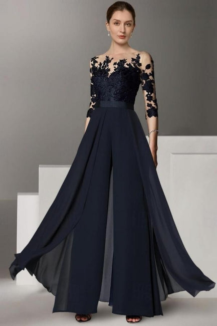 Ensemble pantalon festif long en mousseline de soie avec manches en dentelle, robe de mère de la mariée avec traîne amovible
