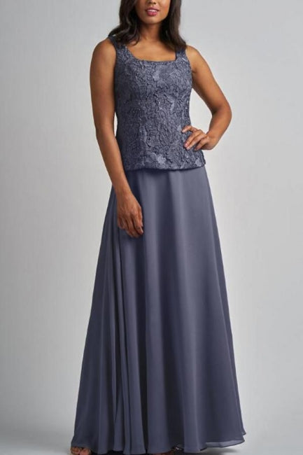 Robe longue de mère de la mariée en mousseline de soie et dentelle avec veste