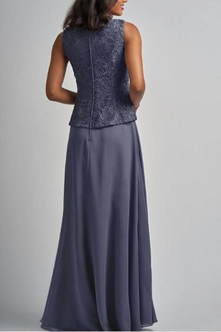 Robe longue de mère de la mariée en mousseline de soie et dentelle avec veste