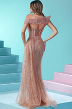 Vestido de fiesta largo de sirena con tirantes finos, cuentas y lentejuelas, con abertura y diseño de diseñador