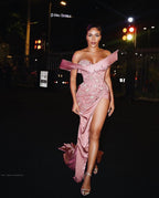 Vestido de Baile Comprido Rosa de Sereia, Sexy, Sem Mangas, com Bordados e Fenda
