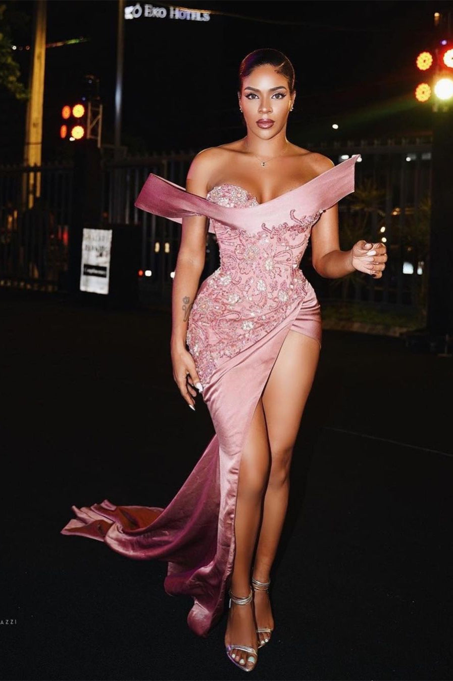 Vestido de Baile Comprido Rosa de Sereia, Sexy, Sem Mangas, com Bordados e Fenda