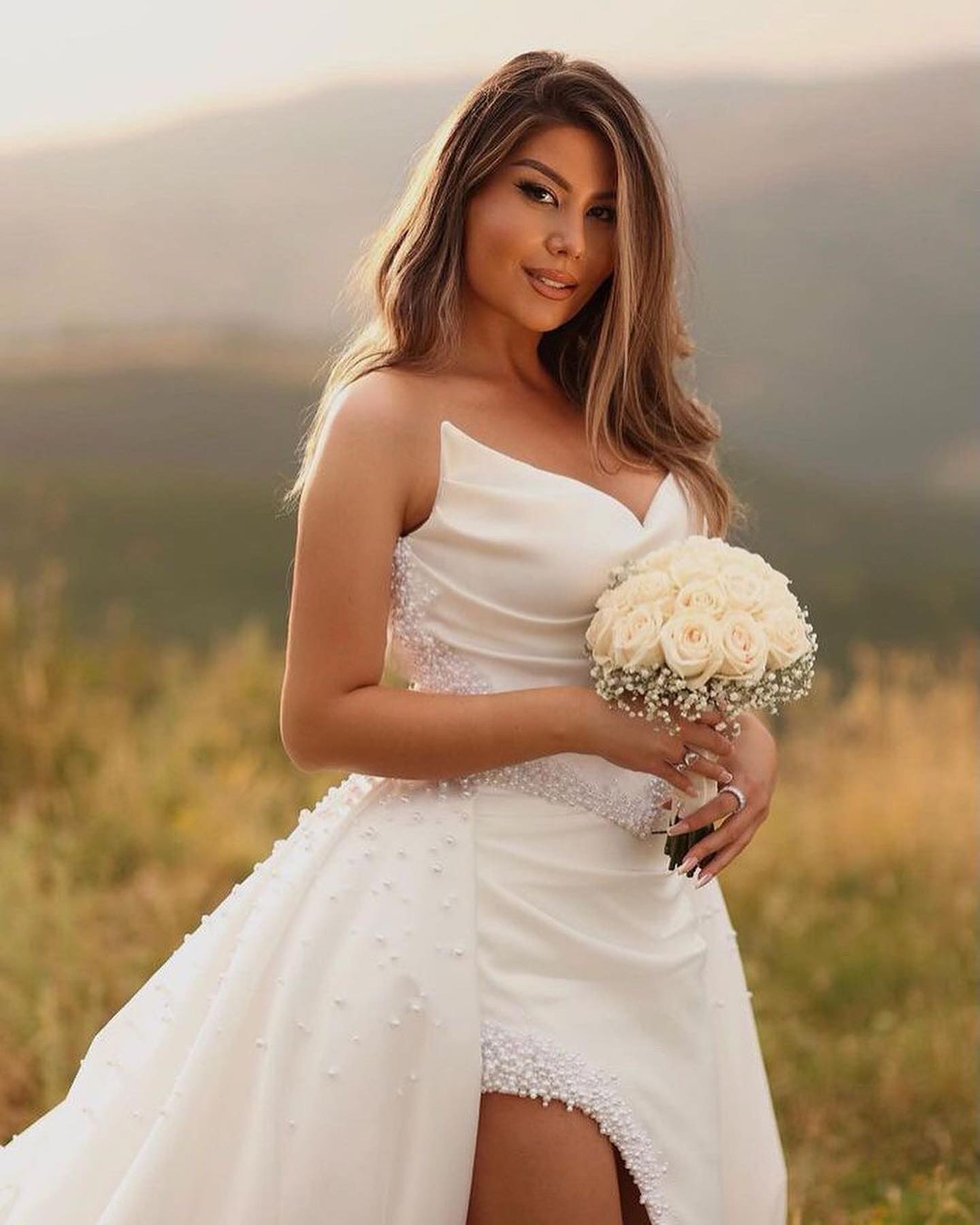 Designer Long White A Line Wedding Dress With High Front Split V Neck Satin