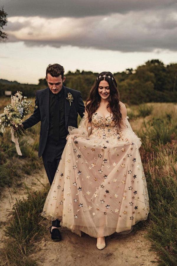 Detachable Sleeves Sweetheart Neckline Sequin Lace A-line Wedding