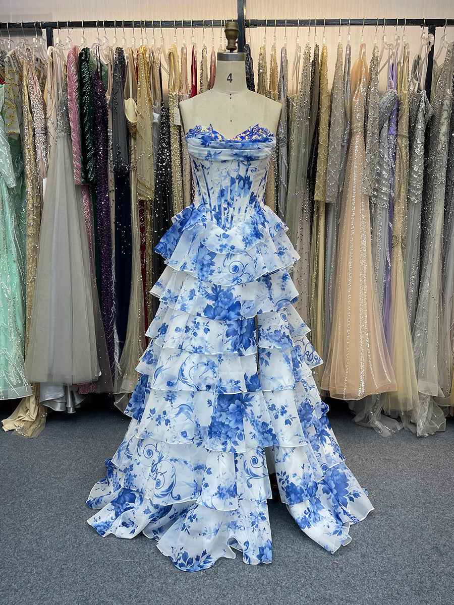 Dramatic Tiered Ruffle Strapless Prom Dress With Corset Bodice