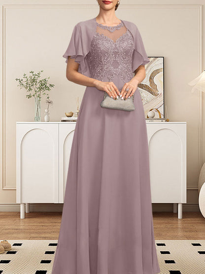 A-Linie, U-Ausschnitt, Illusion, bodenlanges Spitzen-Chiffon-Kleid für die Brautmutter mit Pailletten