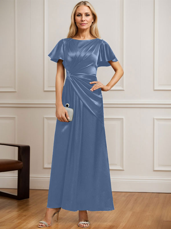 Robe de mère de la mariée en satin extensible, longueur cheville, en ligne A, décolleté arrondi, ornée de perles plissées