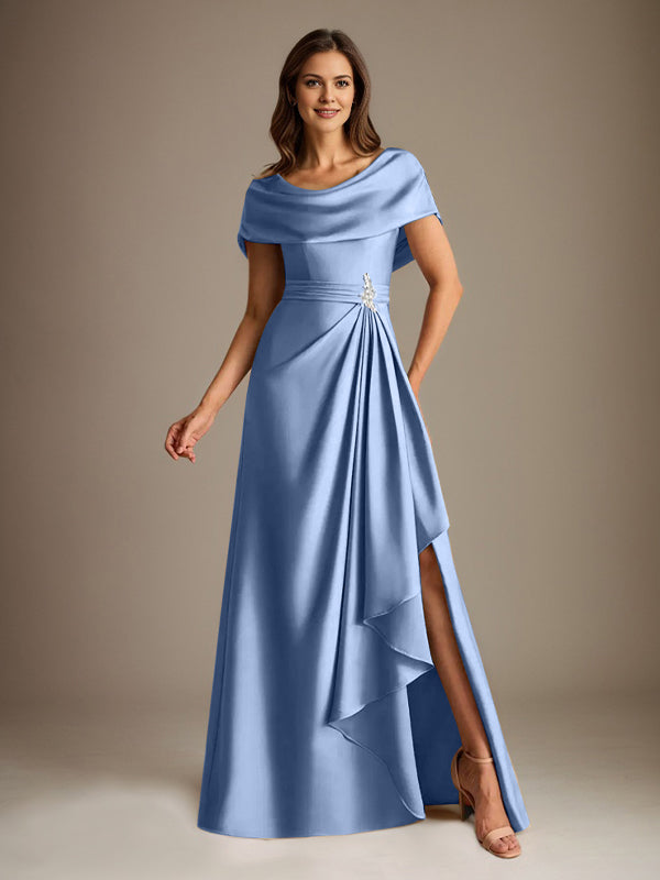 Robe de mère de la mariée en satin extensible, longueur au sol, coupe en A avec encolure dégagée et volants en cascade