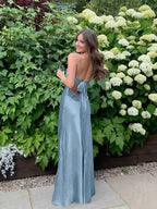 Blue A Line V Neck Beaded Back Tie Long Prom Dress