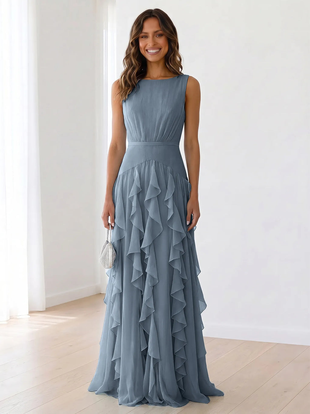 Sky Blue Tiered Chiffon Evening Maxi Dress With Ruched Bodice