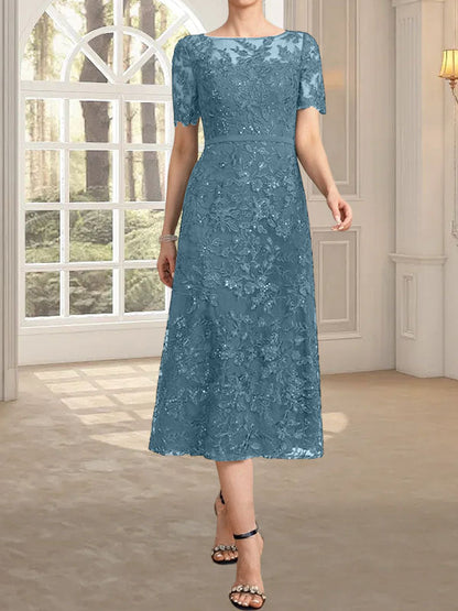 A-Linie, U-Ausschnitt, Illusion, knielang, Spitze, Kleid für die Brautmutter mit Pailletten
