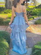 Dusty Blue Spaghetti Strap Ruffle Prom Dress With Slit A Line