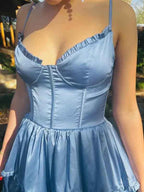 Dusty Blue Spaghetti Strap Ruffle Prom Dress With Slit A Line