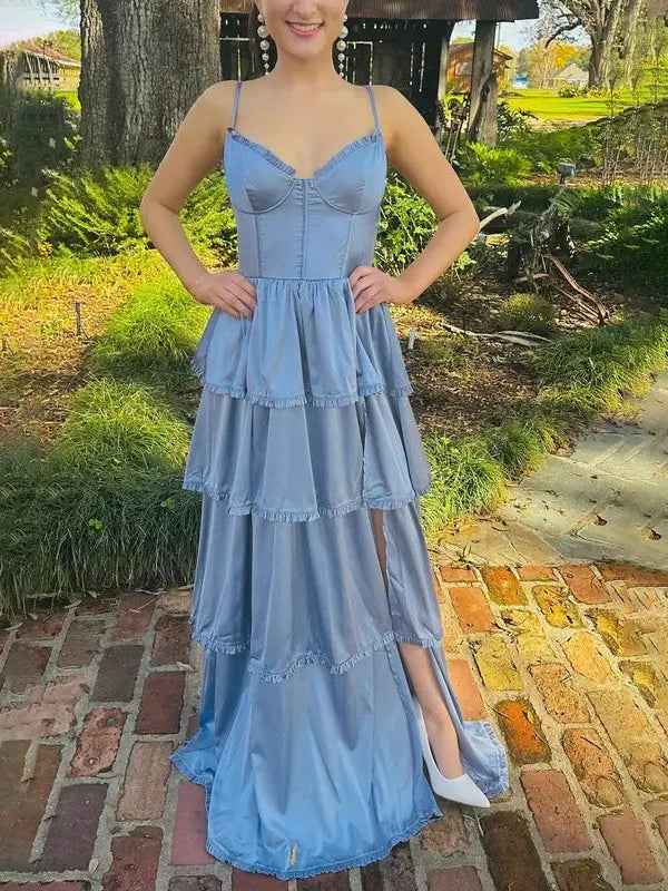 Dusty Blue Spaghetti Strap Ruffle Prom Dress With Slit A Line