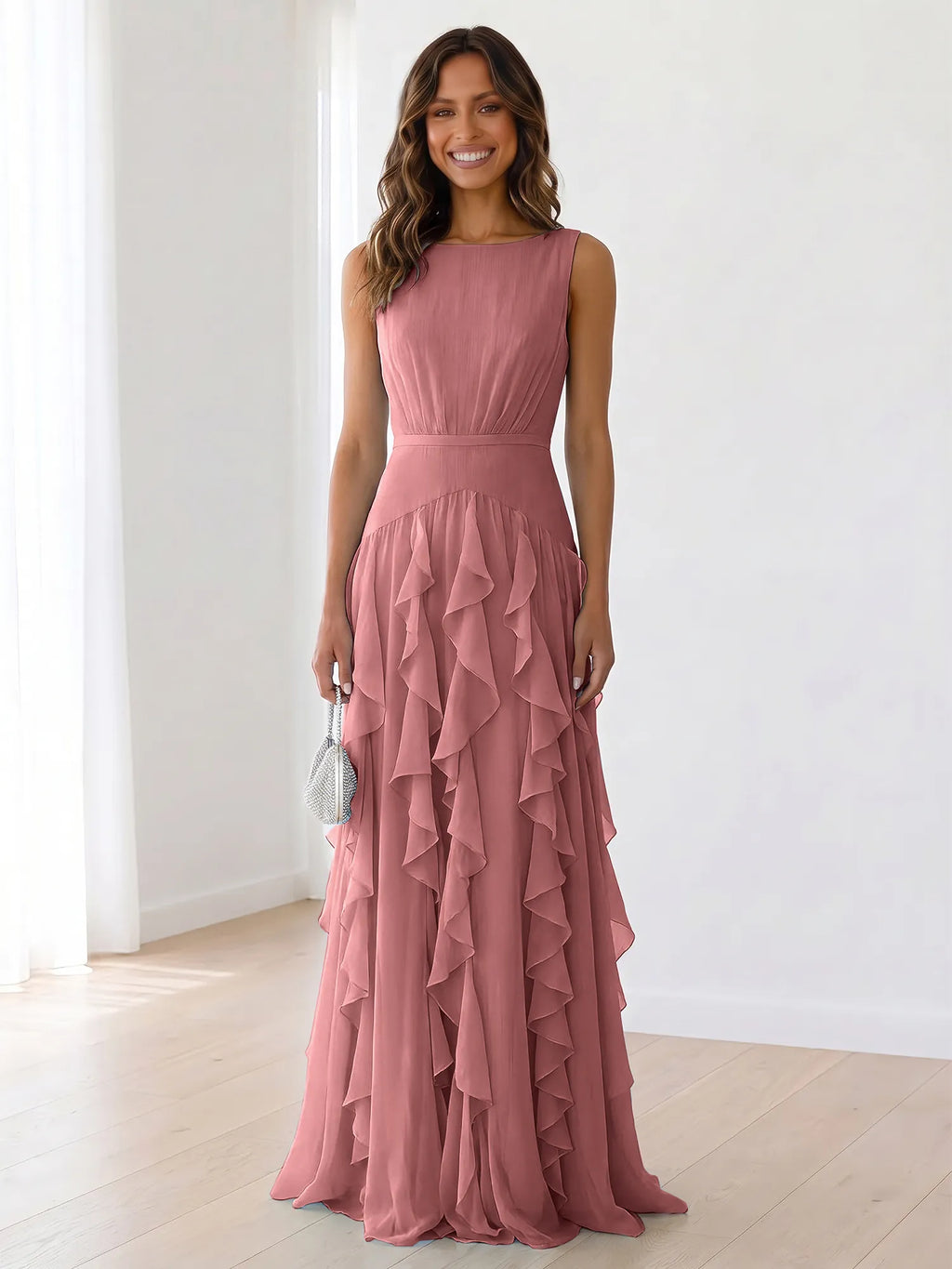 Sky Blue Tiered Chiffon Evening Maxi Dress With Ruched Bodice