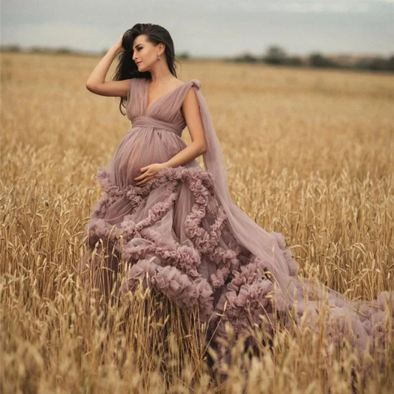 Dusty Pink Maternity Dress Robes for Photo Shoot or baby shower Ruffle Tulle Chic Women Dresses Nightgown Photography Robe