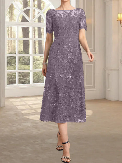 A-Linie, U-Ausschnitt, Illusion, knielang, Spitze, Kleid für die Brautmutter mit Pailletten