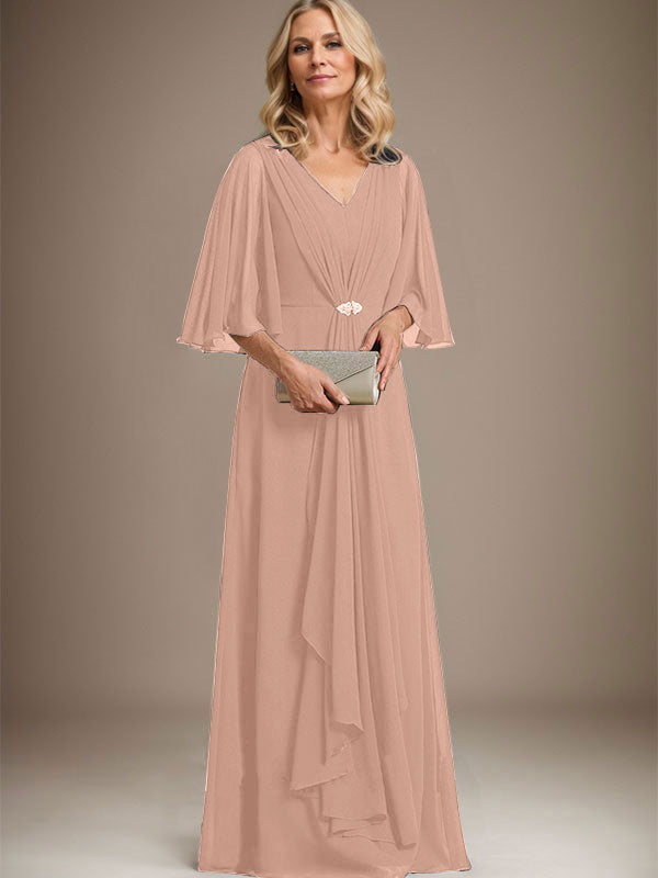 A-line V-Neck Floor-Length Chiffon Mother of the Bride Dress With Cascading Ruffles Crystal Brooch