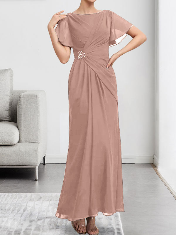 Robe de mère de la mariée en mousseline, longueur cheville, en ligne A, encolure dégagée, ornée de perles et plissée