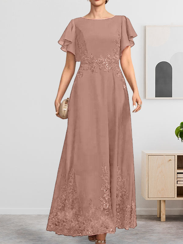 Robe de mère de la mariée en mousseline de soie à dentelle, longueur cheville, en forme trapèze avec décolleté arrondi et paillettes